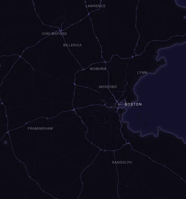 Map of the Boston area with karaoke bars grouped by neighborhood