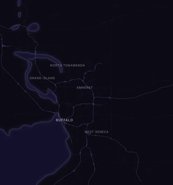 Map of the Buffalo area with karaoke bars grouped by neighborhood