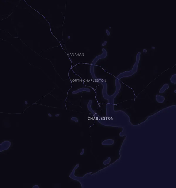 Map of the Charleston area with karaoke bars grouped by neighborhood