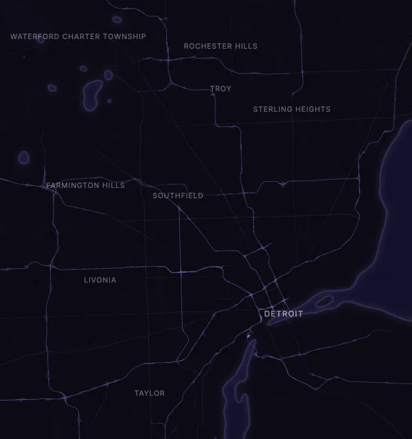 Map of the Detroit area with karaoke bars grouped by neighborhood