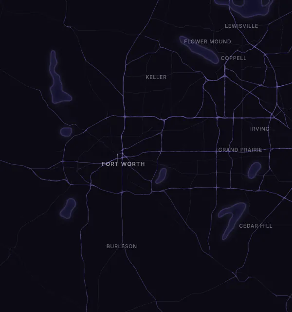 Map of the Fort Worth area with karaoke bars grouped by neighborhood