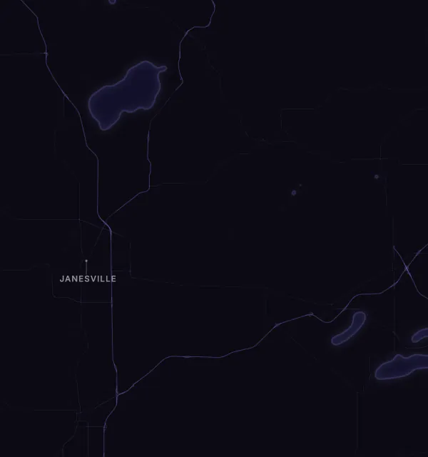 Map of the Janesville area with karaoke bars grouped by neighborhood