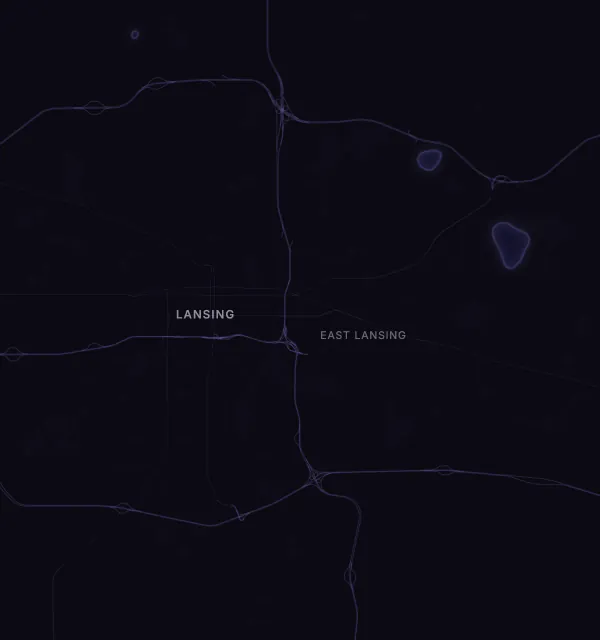 Map of the Lansing area with karaoke bars grouped by neighborhood