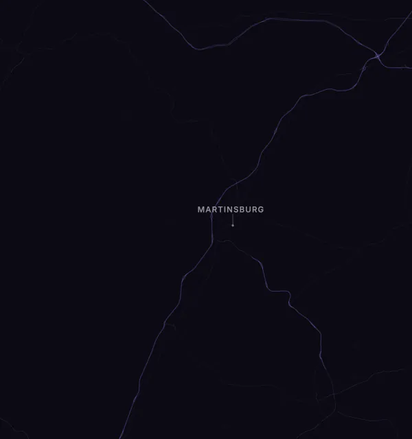 Map of the Martinsburg area with karaoke bars grouped by neighborhood