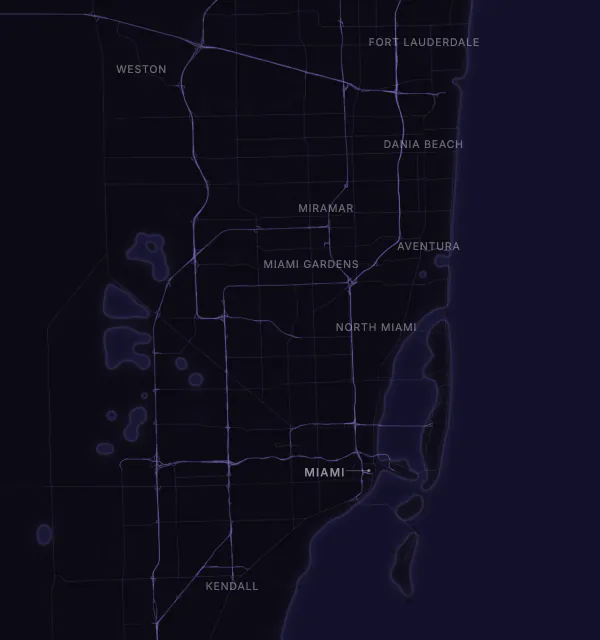 Map of the Miami area with karaoke bars grouped by neighborhood