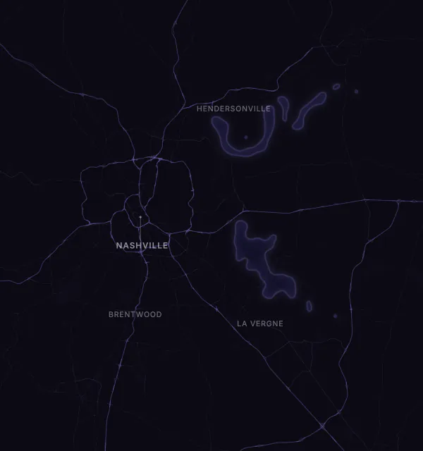 Map of the Nashville area with karaoke bars grouped by neighborhood
