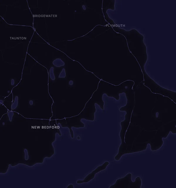 Map of the New Bedford area with karaoke bars grouped by neighborhood