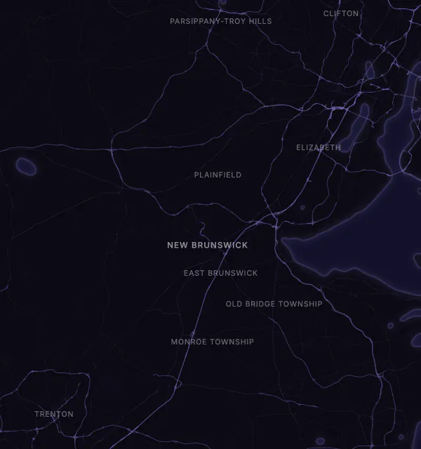 Map of the New Brunswick area with karaoke bars grouped by neighborhood