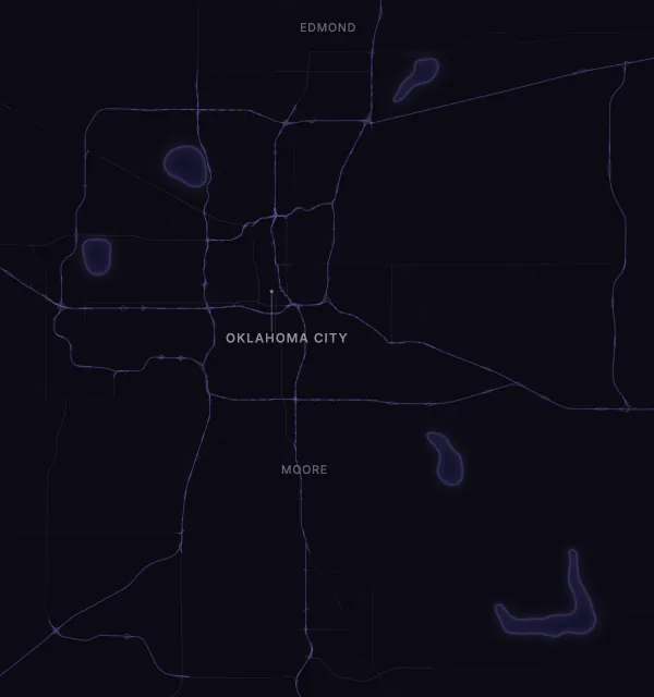 Map of the Oklahoma City area with karaoke bars grouped by neighborhood