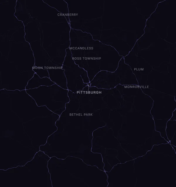 Map of the Pittsburgh area with karaoke bars grouped by neighborhood