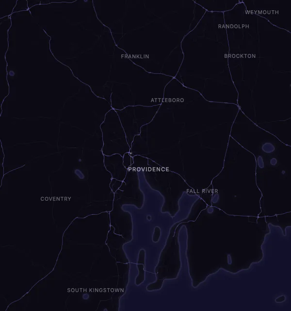 Map of the Providence area with karaoke bars grouped by neighborhood