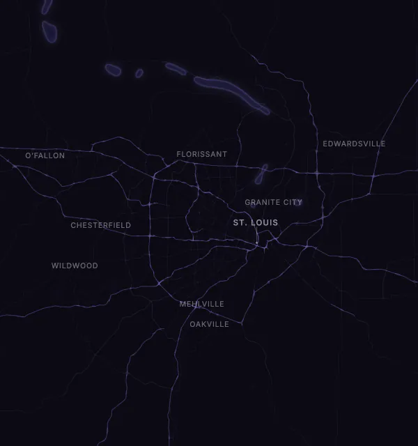 Map of the St. Louis area with karaoke bars grouped by neighborhood