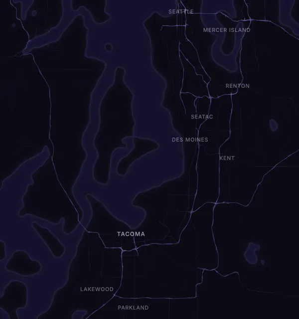 Map of the Tacoma area with karaoke bars grouped by neighborhood
