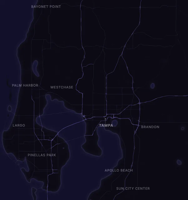 Map of the Tampa area with karaoke bars grouped by neighborhood