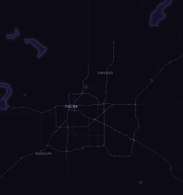 Map of the Tulsa area with karaoke bars grouped by neighborhood