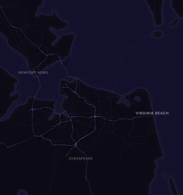 Map of the Virginia Beach area with karaoke bars grouped by neighborhood