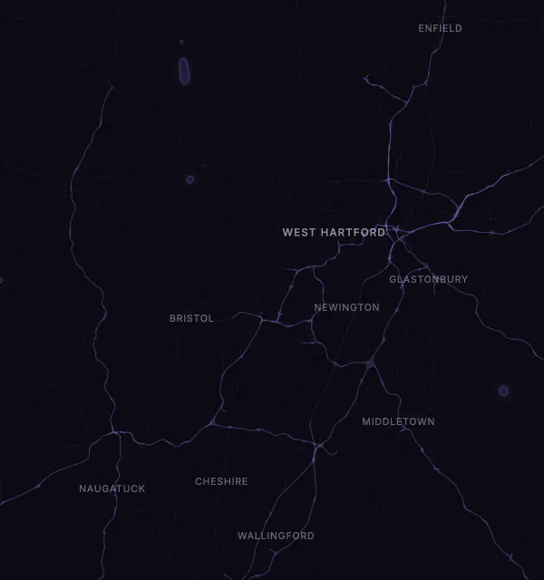 Map of the West Hartford area with karaoke bars grouped by neighborhood