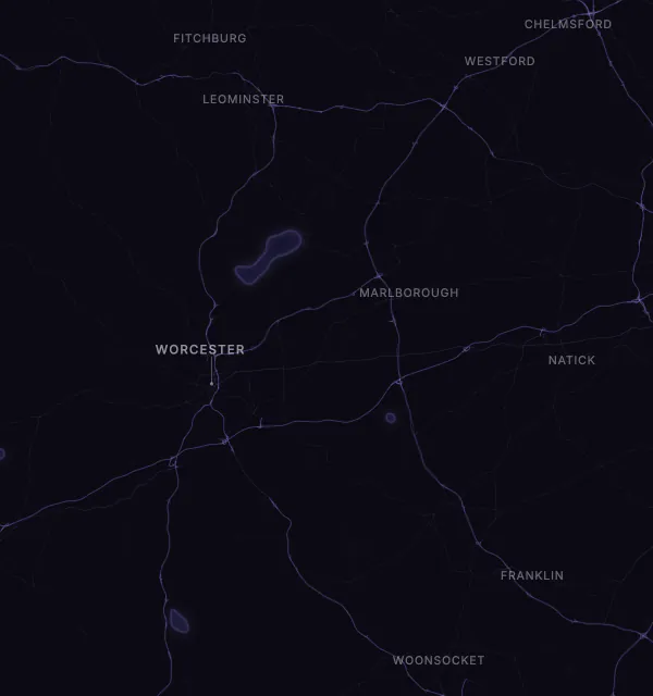 Map of the Worcester area with karaoke bars grouped by neighborhood