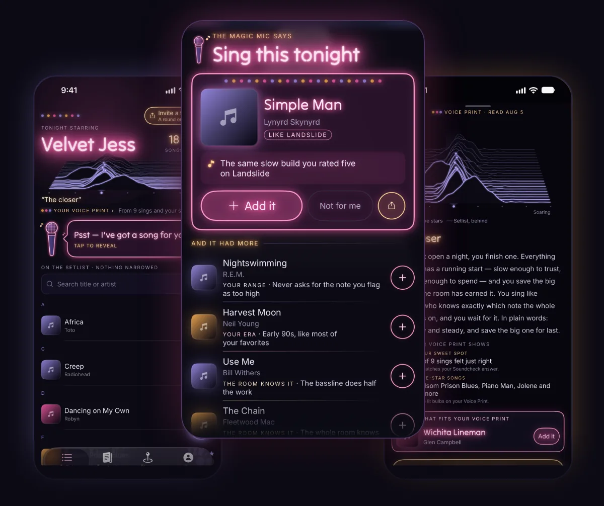 Three KaraokeList screens: the karaoke setlist with the stage name Velvet Jess in lights; the Magic Mic's pick, Simple Man by Lynyrd Skynyrd, with its reason and more picks under it; and a Voice Print read called The closer.