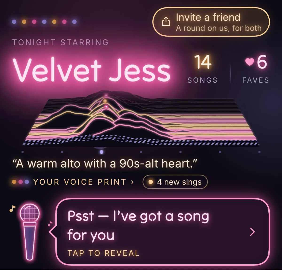 The setlist header: the stage name Velvet Jess in neon, 14 songs and 6 faves, her Voice Print glowing underneath, and the Magic Mic saying 'Psst — I’ve got a song for you. Tap to reveal.'